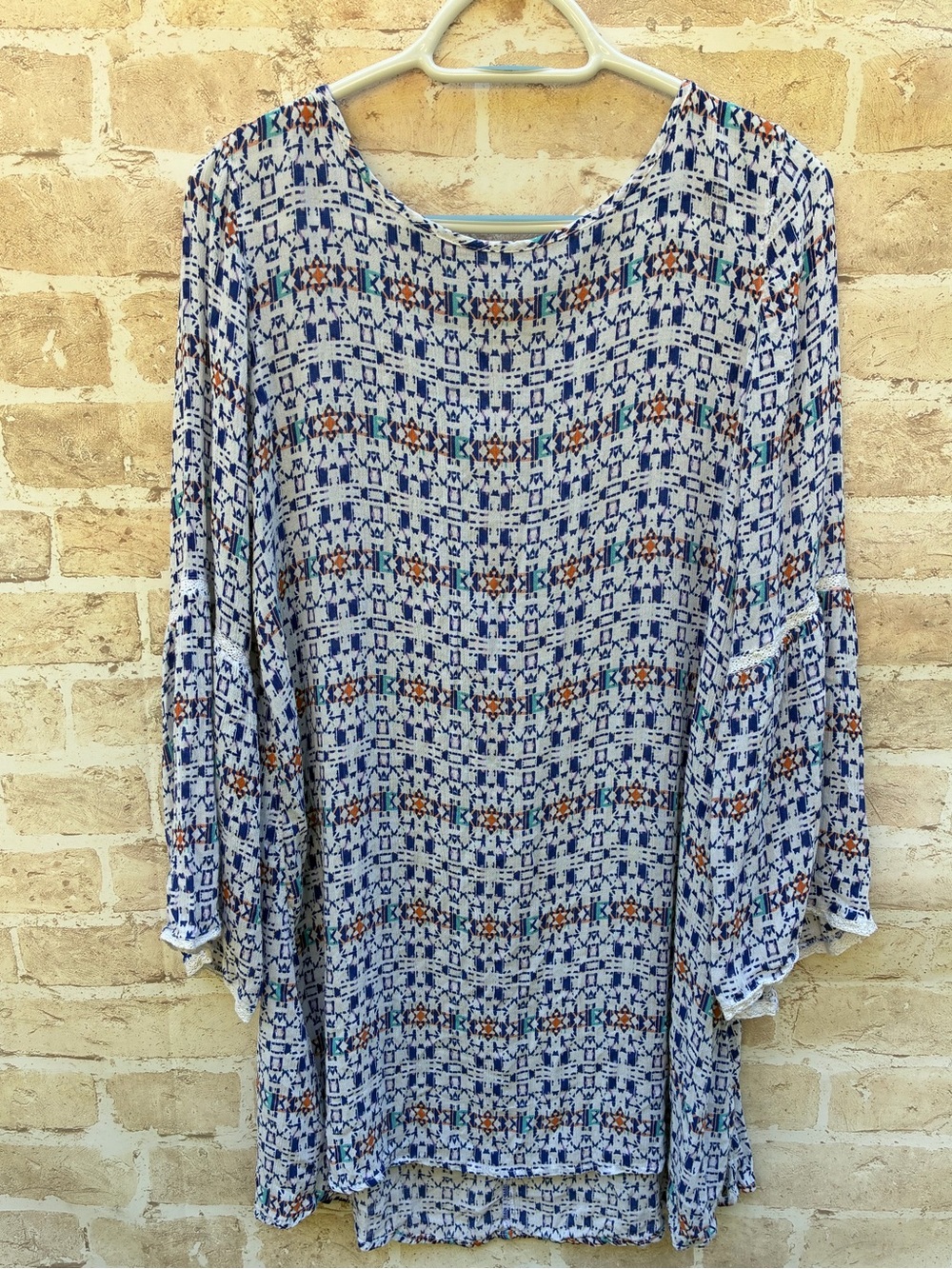 Roxy size L Blue Printed Relaxed Boho Tunic swim cover dress with crochet accent